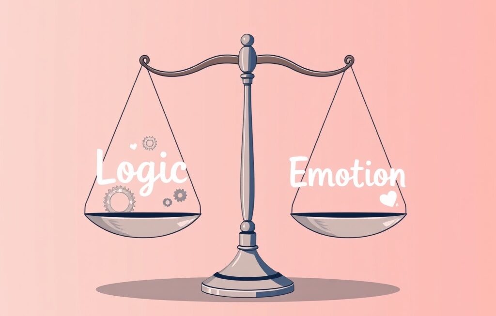 A balanced scale showing “Logic” on one side and “Emotion” on the other