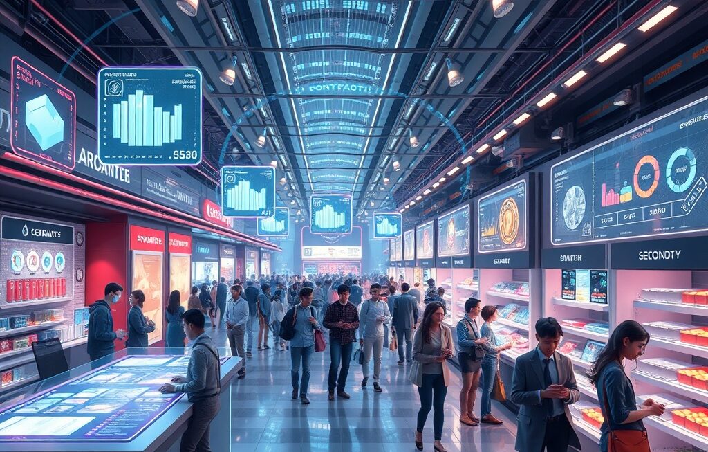 A futuristic digital marketplace with smart contracts automating trades