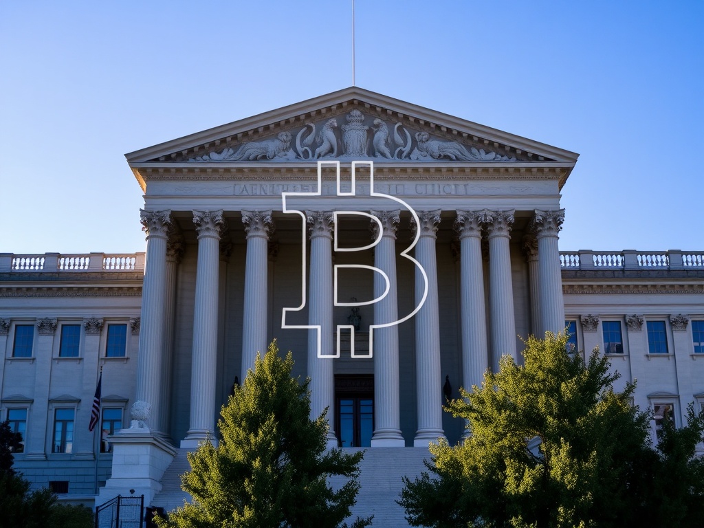 A government building with a Bitcoin symbol overlay