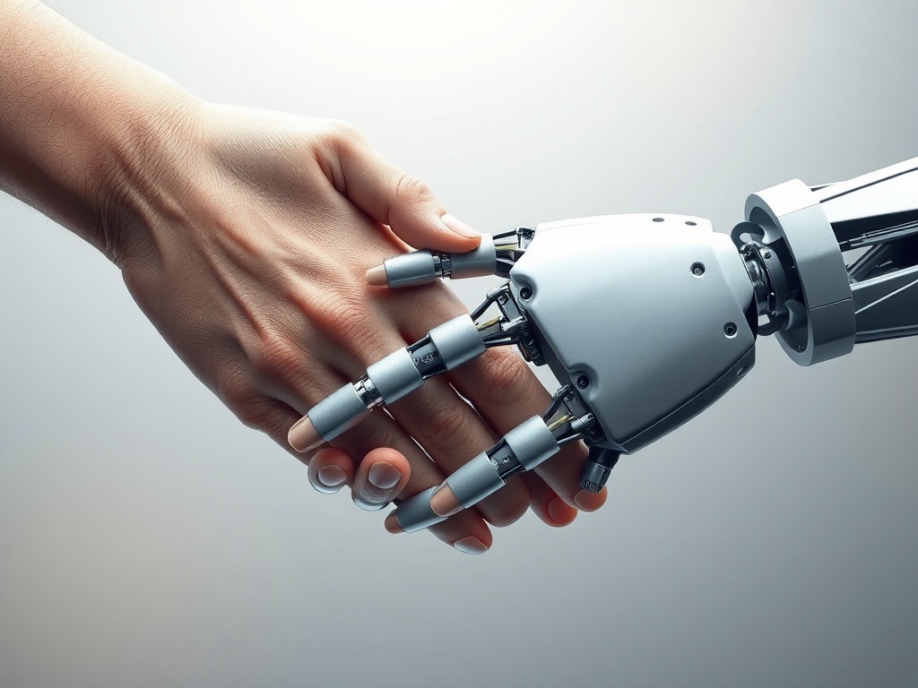 A human hand shaking a robotic hand symbolizing cooperation between humans and AI