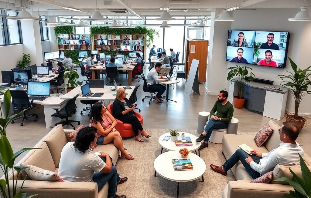 A modern office environment blending remote and in-person work collaboration