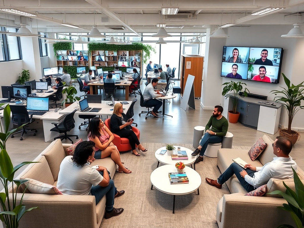 A modern office environment blending remote and in-person work collaboration