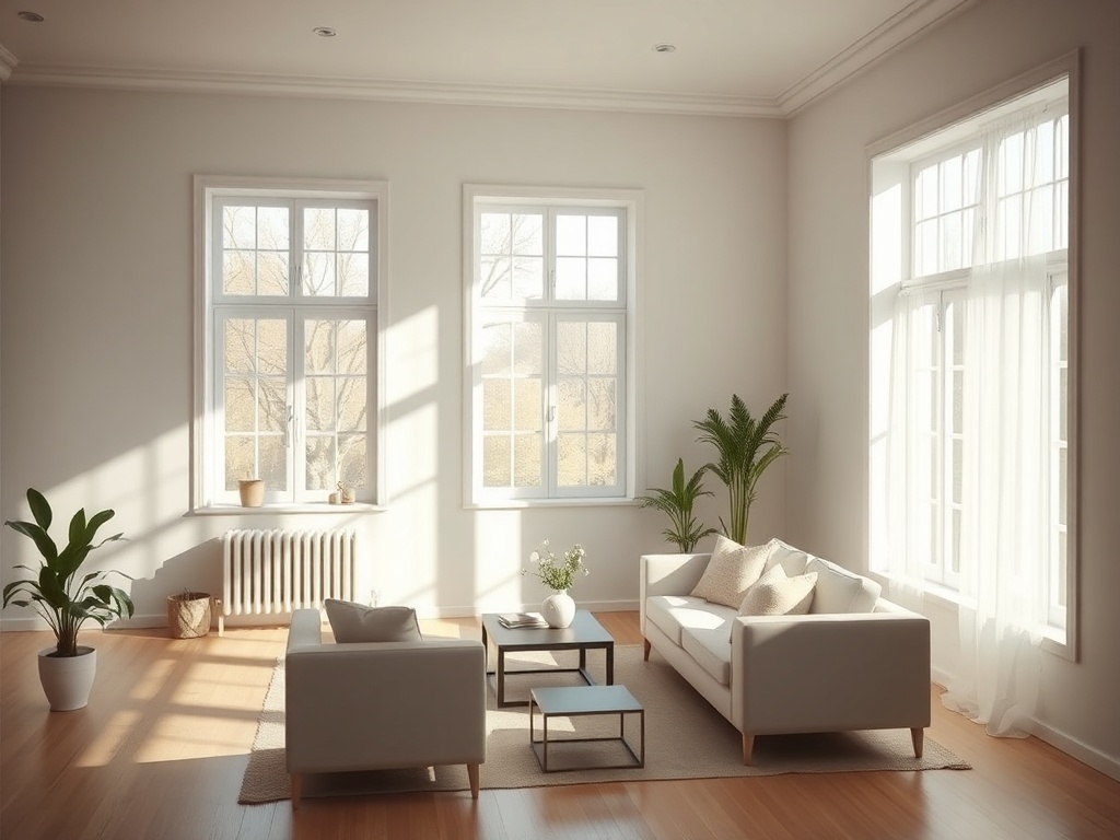 A serene, minimalist living room with natural light and simple furniture