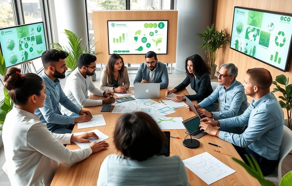 A team of professionals collaborating on sustainable technology projects