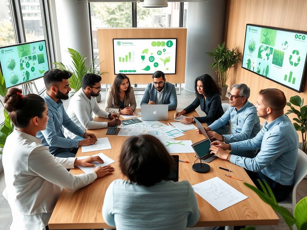 A team of professionals collaborating on sustainable technology projects