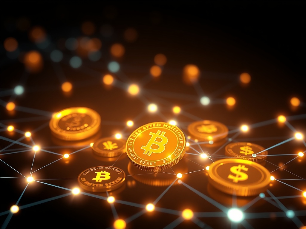 A visual of digital coins connected by blockchain lines with dollar symbols