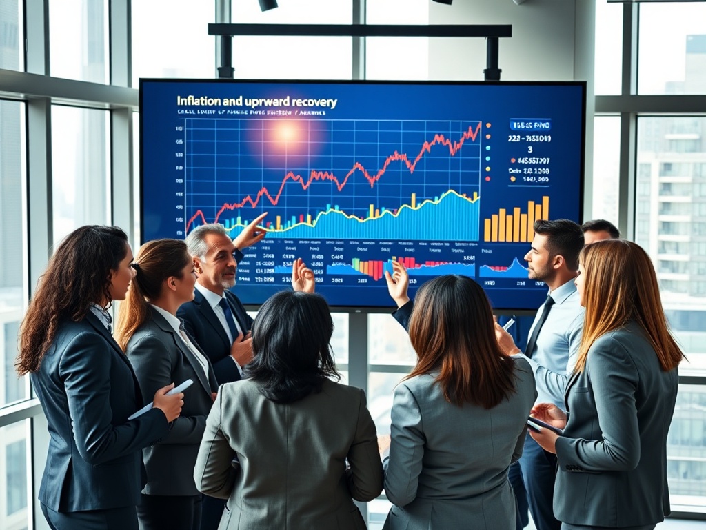 Business professionals analyzing financial charts showing inflation decline and recovery trends