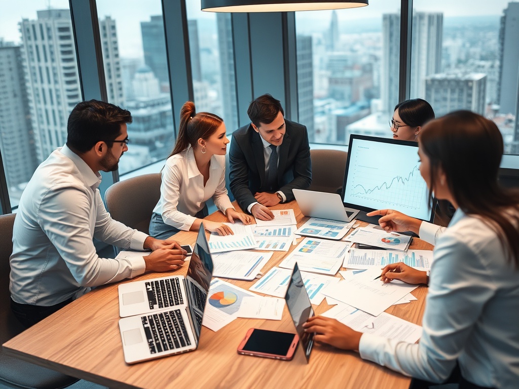 Business professionals analyzing market reports in a modern office