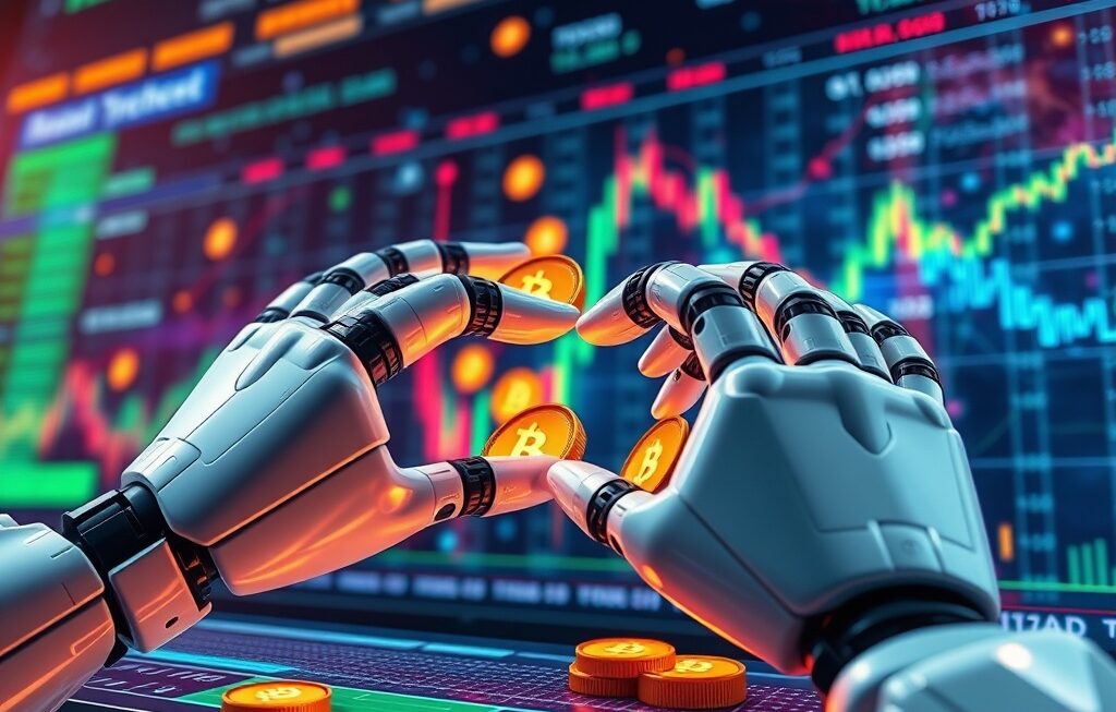 Concept image showing robot hands trading digital coins on a virtual exchange