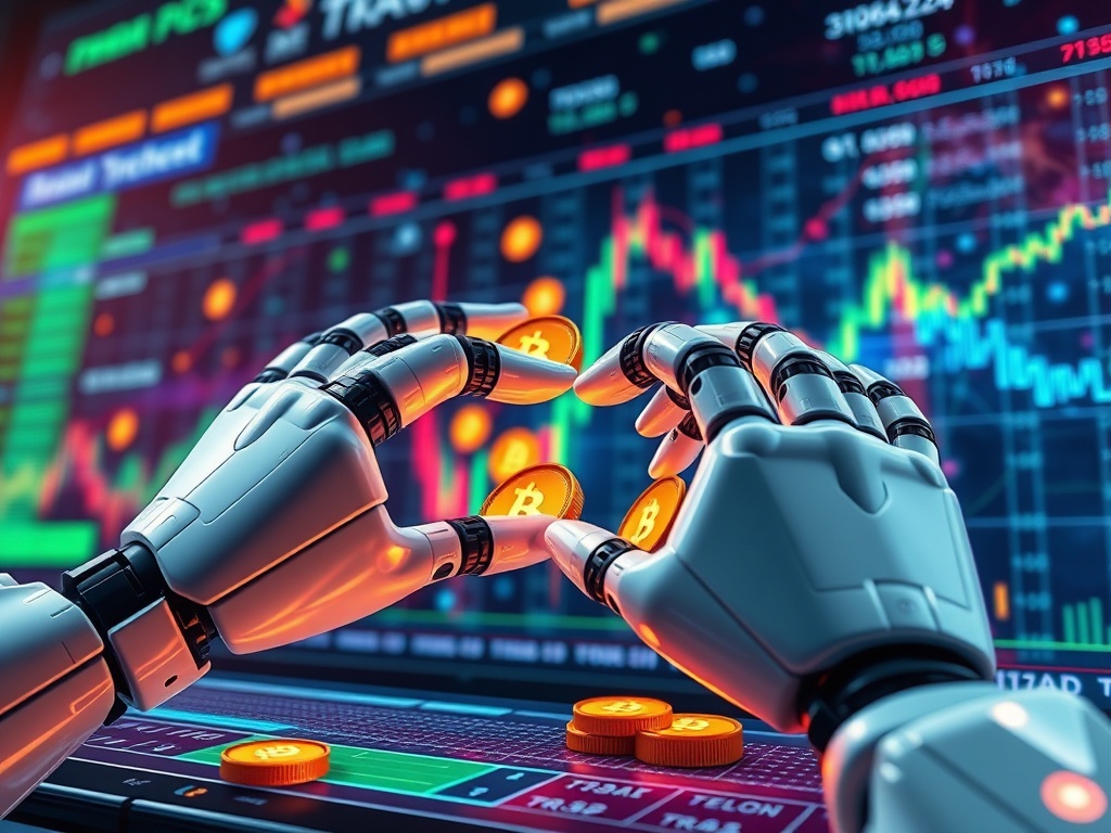 Concept image showing robot hands trading digital coins on a virtual exchange