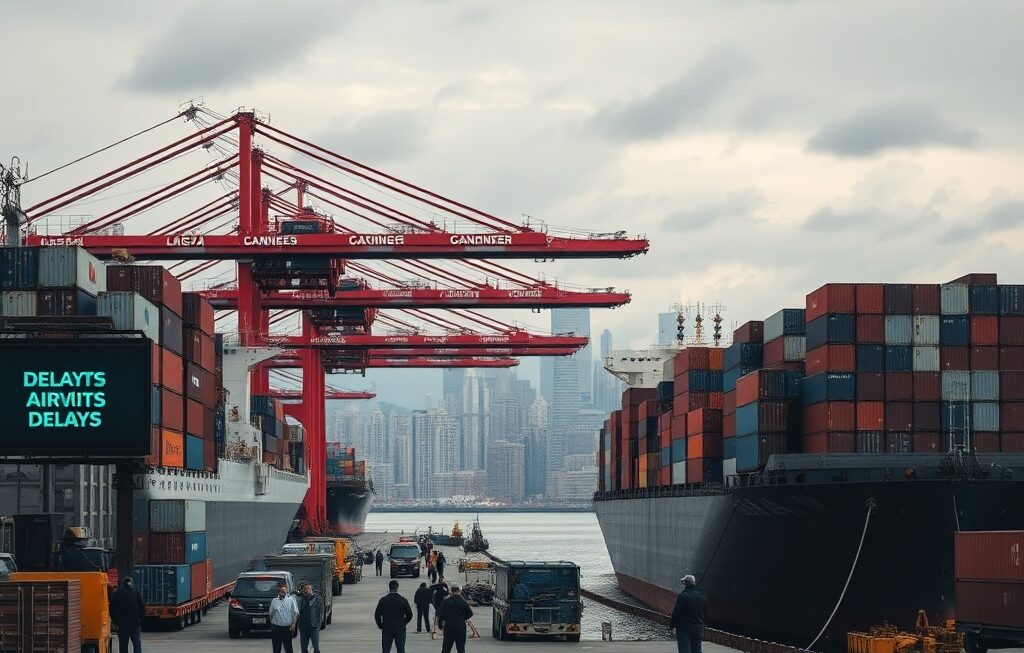 Container ships delayed at a major global port due to trade disruptions