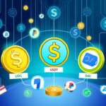 Digital coin icons (USDC, USDT, DAI) connecting to global payment symbols