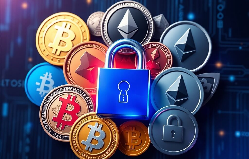 Digital coin symbols surrounded by a privacy lock graphic