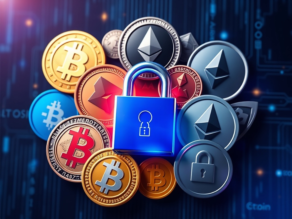 Digital coin symbols surrounded by a privacy lock graphic
