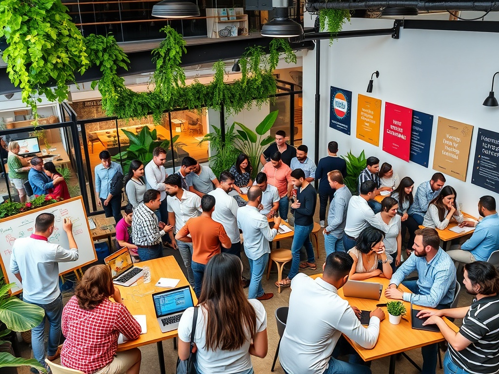 Entrepreneurs and investors collaborating in a startup hub