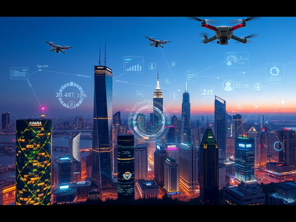 Futuristic smart city skyline with data visualization overlay