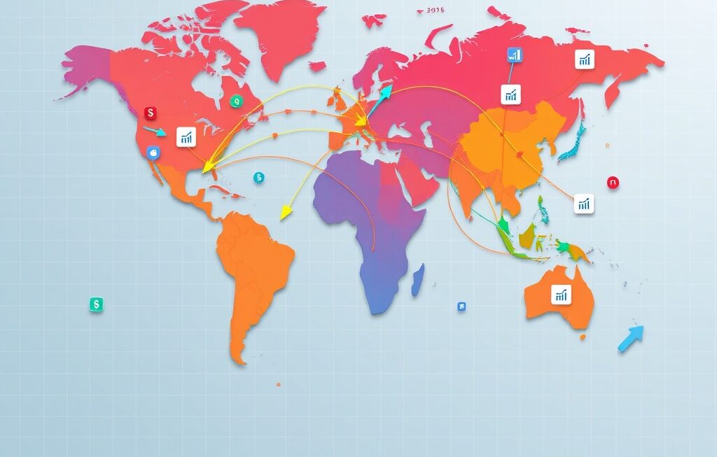 Global financial map highlighting investment flows