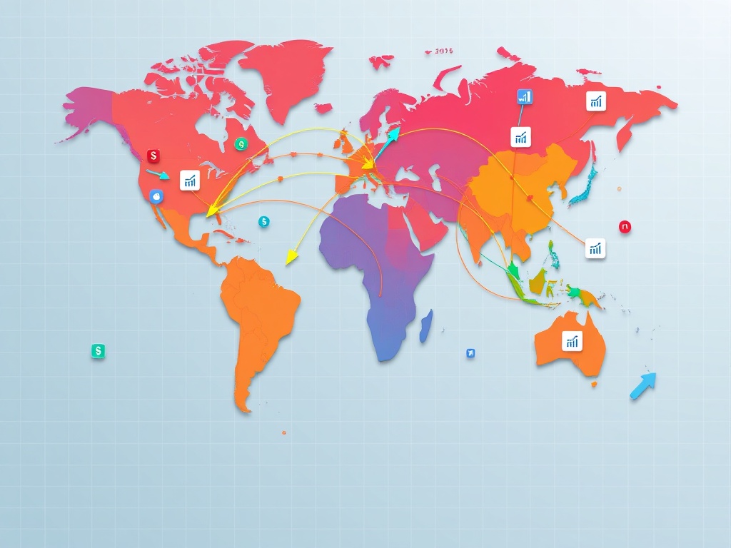 Global financial map highlighting investment flows