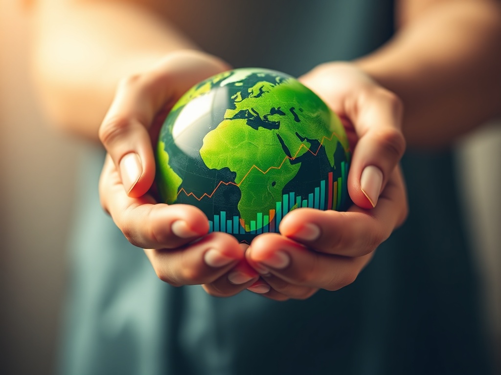 Hands holding a green globe with stock charts overlay