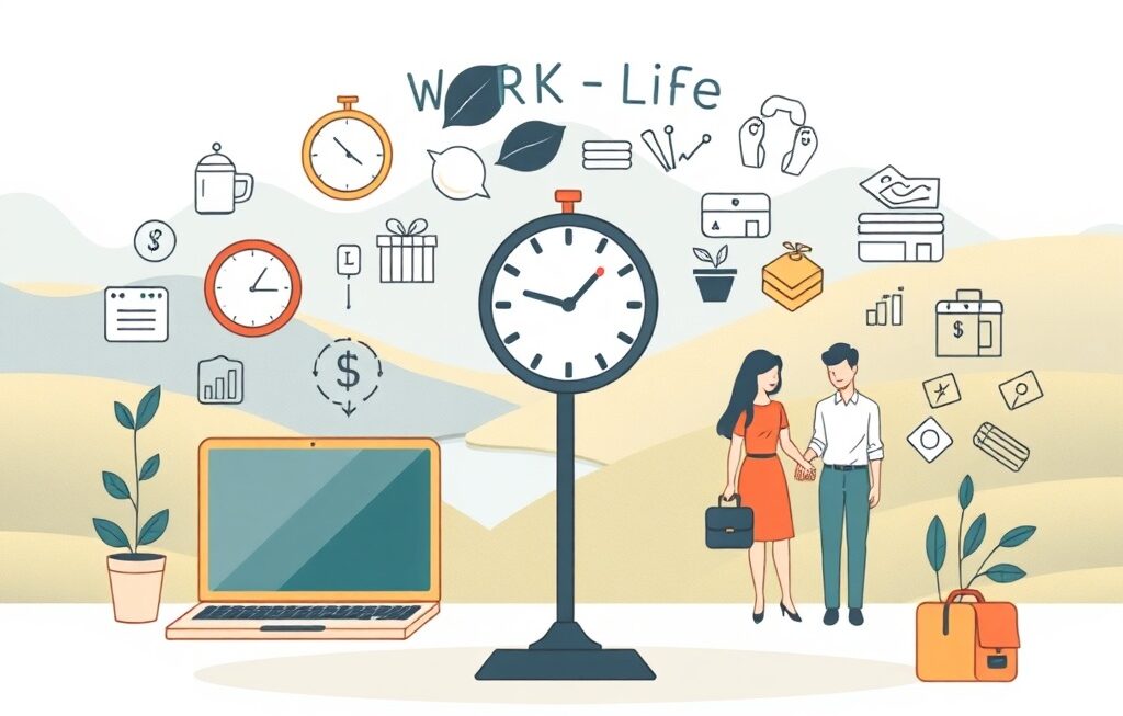 Illustration of work-life balance with financial planning icons.