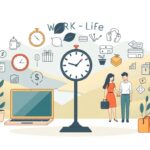 Illustration of work-life balance with financial planning icons.