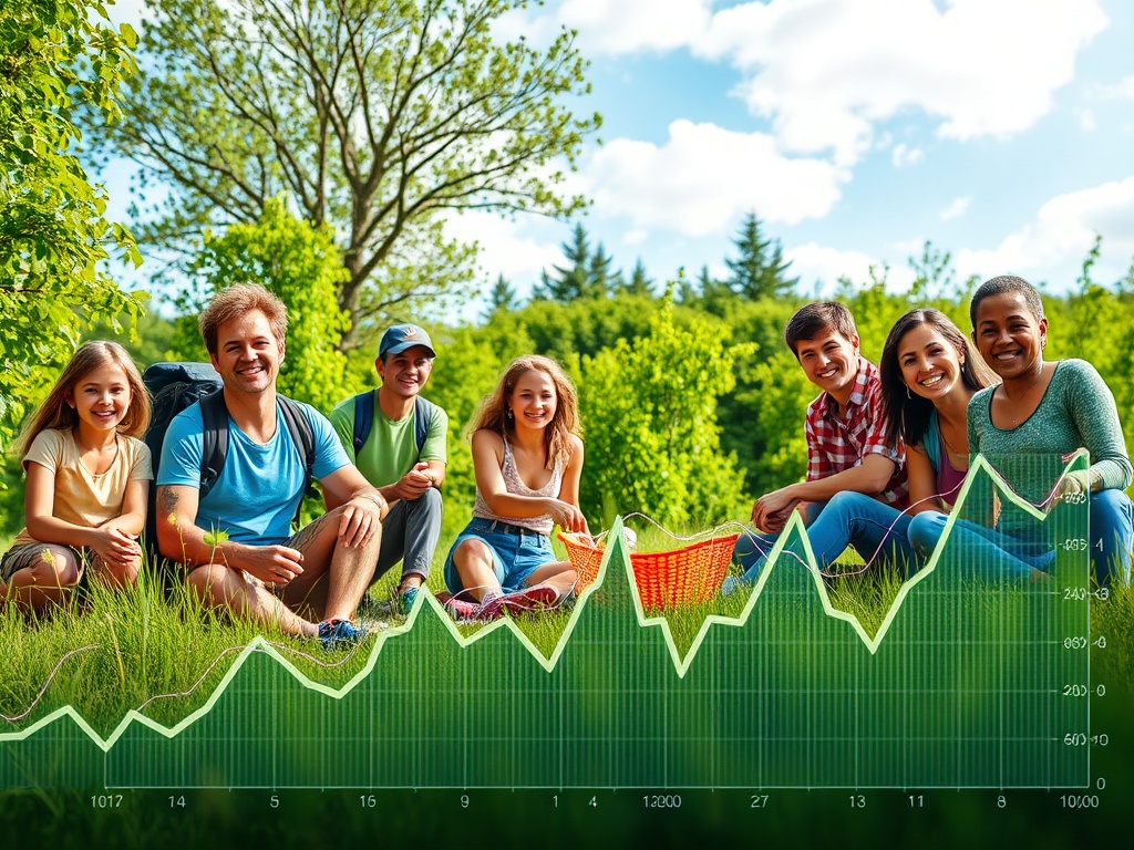 People enjoying an outdoor experience with a financial graph overlay