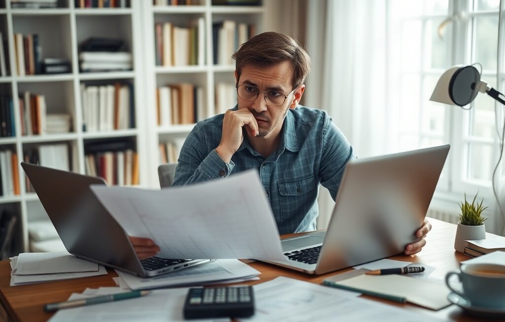 Person reviewing loan documents and interest rate charts on a laptop