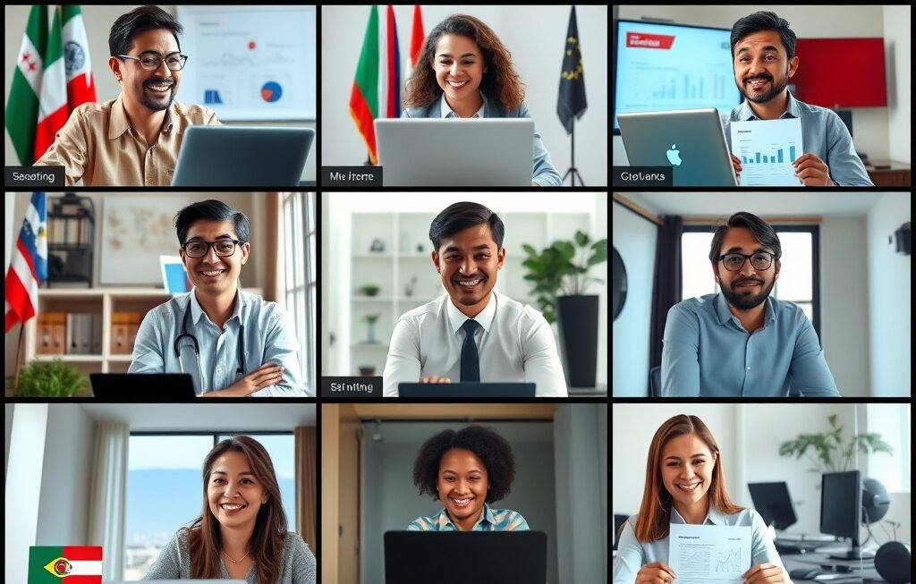 Professionals collaborating remotely from different countries using video conferencing tools