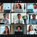 Professionals collaborating remotely from different countries using video conferencing tools