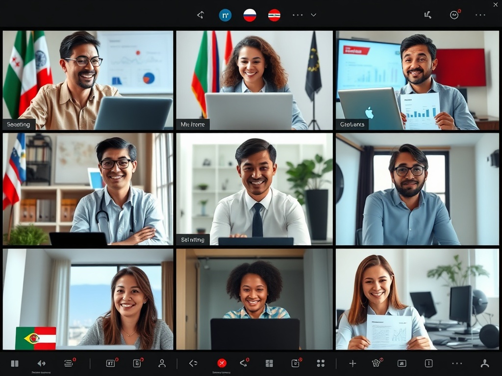 Professionals collaborating remotely from different countries using video conferencing tools