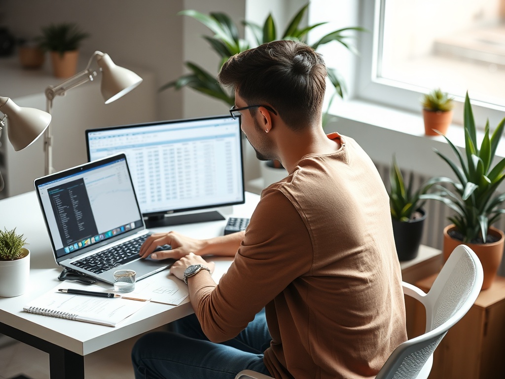 Young professional organizing expenses and savings for freelance income