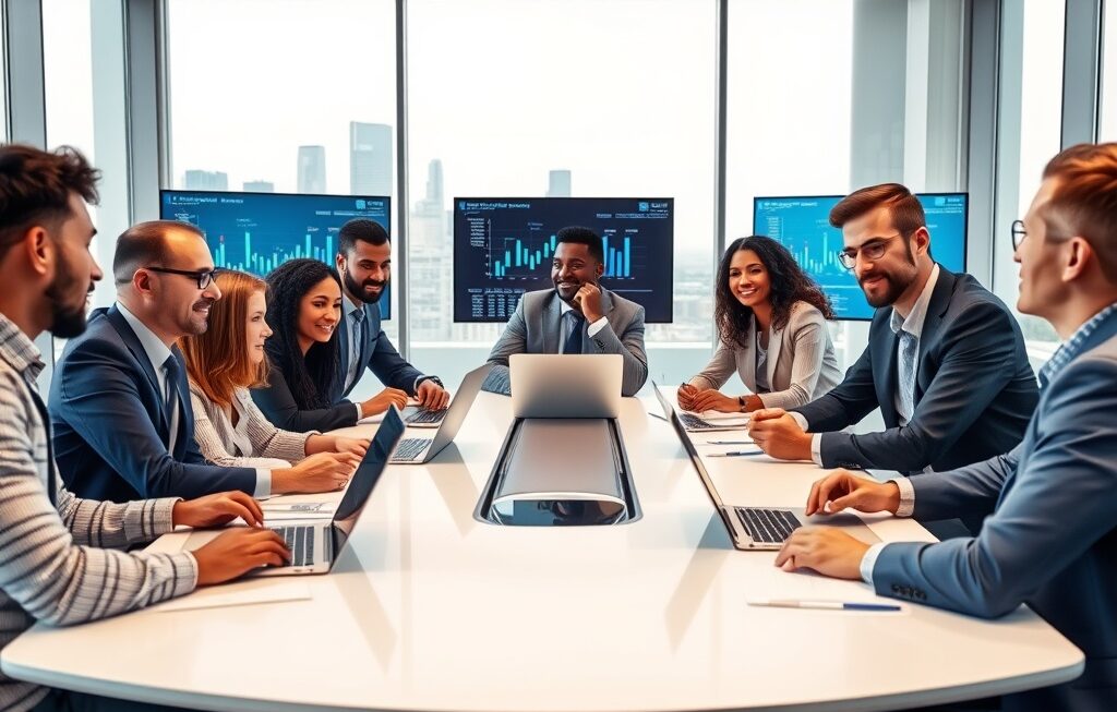 Business leaders from different companies collaborating in a modern meeting room