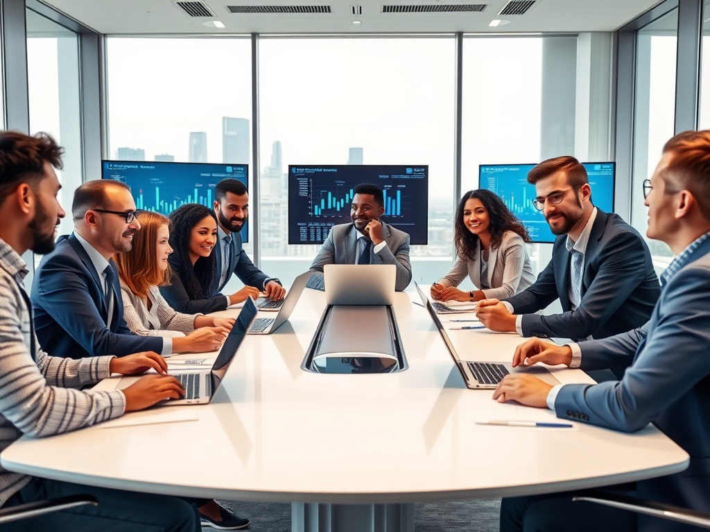 Business leaders from different companies collaborating in a modern meeting room